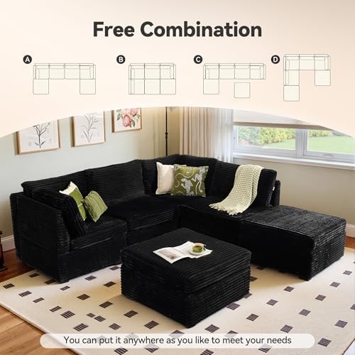 CAODOC 6 Seat Modular Sectional Couch,Corduroy,Convertible U/L-Shaped,Black