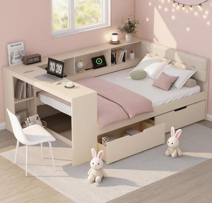 Bellemave Full Size Corner Bed Frame with Storage Shelves and Desk, Wood Full Daybed with Bookcase and Drawers and Upholstered Headboard, Cream