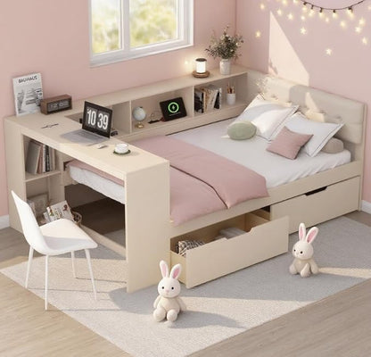 Bellemave Full Size Corner Bed Frame with Storage Shelves and Desk, Wood Full Daybed with Bookcase and Drawers and Upholstered Headboard, Cream