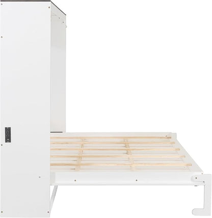 Virubi Queen Horizontal Murphy Bed with USB Charging Station,Wood Farmhouse Murphy Wall Bed Cabinet with Slats,Foldable Space-Saving for Guest Room, Home Office (White,Queen)