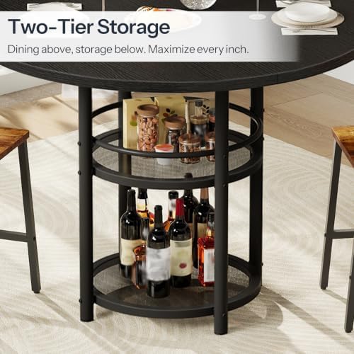 HOOBRO Dining Table, Round Dining Table for 2, 31.5" Kitchen Table for Small Spaces, Farmhouse Small Dining Room Table, 2-Tier Storage, Easy to Assemble, for Living Room, Black BB19CZ01