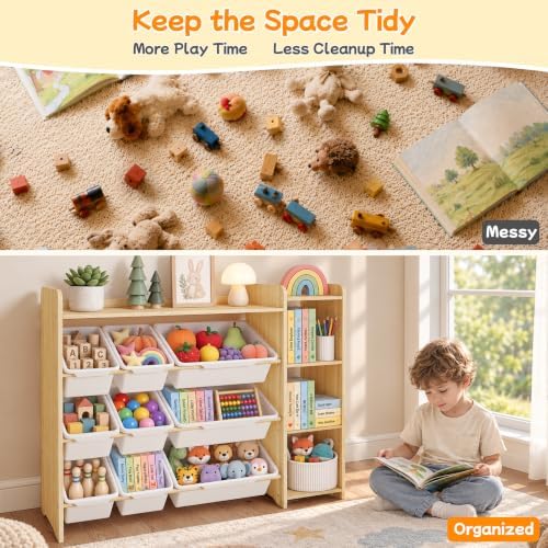 Kids Toy Storage Organizer, Wooden Shelf with 3 Tiers and 9 Storage Bins, Nursery Room Organizer for Books and Toys, White and Natural Wood