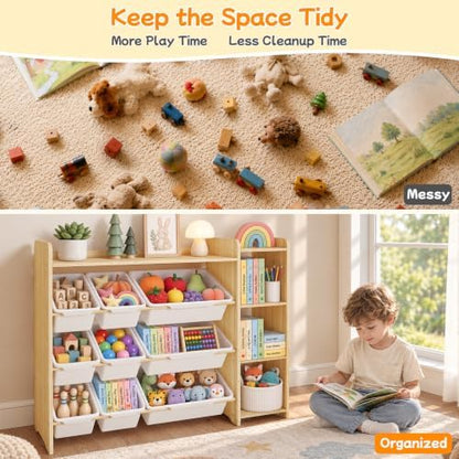 Kids Toy Storage Organizer, Wooden Shelf with 3 Tiers and 9 Storage Bins, Nursery Room Organizer for Books and Toys, White and Natural Wood