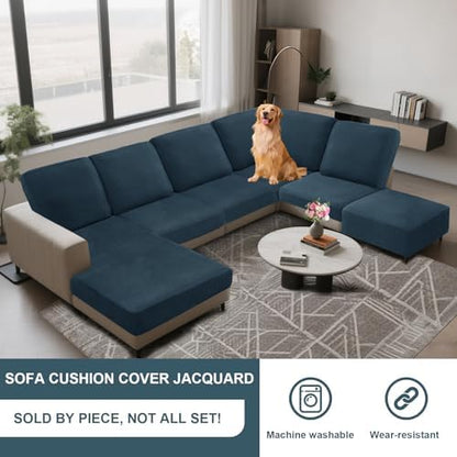 Seat Cushion Cover and Back Covers for Corner Sofa Stretch Jacquard, Non Slip L Shaped Sofa Slipcover with Storage Ottoman, Sectional Couch Cover for Chaise Lounge (Denim blue,Ottoman 39 x 39 x 19”)