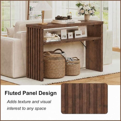 BON AUGURE 47 Inch Narrow Entryway Table, Fluted Console Table, Rustic Oak
