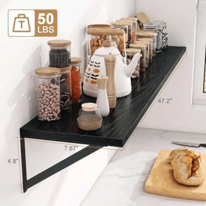Extra Long Floating Wall Shelves, 48 x 8 Inches, Set of 3 Large Wood Floating Bookshelves with Metal Brackets for Storage & Display (Black)