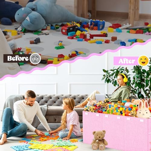 Large Toy Box Storage with Lid, Collapsible Sturdy Toy Chest Bin Pink
