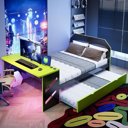 DNYN Full Size Wood Daybed with Trundle(Twin) for Kids Bedroom,Gaming Style Solid Wood Bedframe w/Desk & USB Port,Easy Assembly & No Box Spring Needed, Green