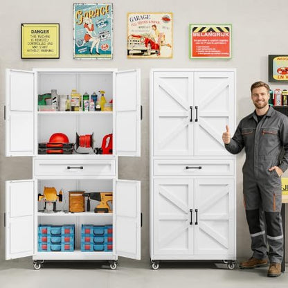 SISESOL White Metal Storage Cabinet with Wheels and Drawer,Rolling Garage Cabinet with Doors and Adjustable Shelves,73" Mobile Tall Large Metal Cabinets for Home,Office,Garage,Shop