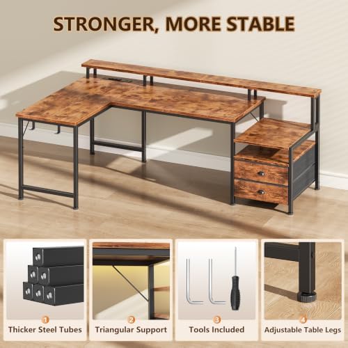 Korfile 57'' L Shaped Computer Desk with Storage Drawers, Power Outlet, LED