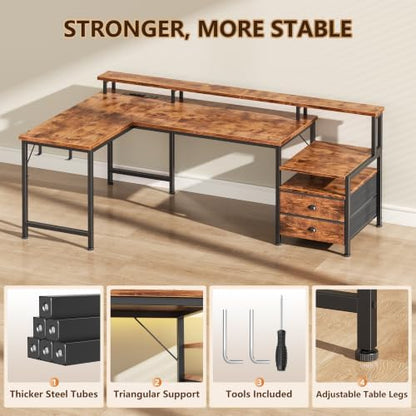 Korfile 57'' L Shaped Computer Desk with Storage Drawers, Power Outlet, LED
