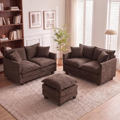 50'' Loveseat Sofa Set with Ottoman, Small Couch Set 2 Piece Cloud Love Seat 27" Deep Seat Washable Pillows Couches for Small Spaces Apartment Living Room, Brown