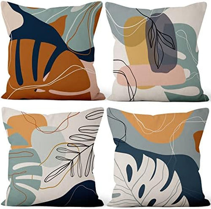 Abstract Palm Leaves Pillow Covers 22''x22'' Set of 4, Modern Geometric Line Pattern Cushion Covers Decorative Tropical Print Pillow Cases for Couch Sofa Bedroom Farmhouse Garden Patio