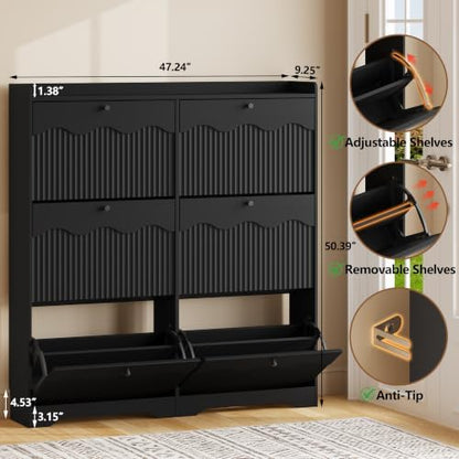 BORNOON Large Shoe Storage Cabinet with 6 Flip Drawers and Modern Wave-Edge Fluted Panels, High-Capacity Slim Shoe Rack for Entryway, Freestanding Organizer with Adjustable Shelves and Anti-Tip Kit