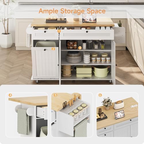 60" Rolling Kitchen Island on Wheels, Mobile Kitchen Cart White