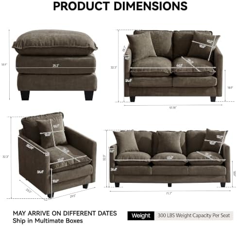 72'' Cloud 3 Seater Couch with 2 Ottomans, U Shaped Sofa with 3 Throw Pillows, Modern Sectional Couches with Deep Seat, Modular Sofas for Living Room, Bedroom, Small Apartment, Brown