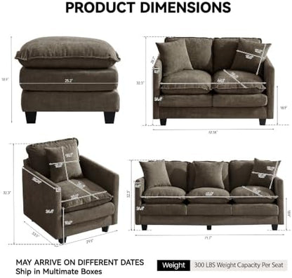 72'' Cloud 3 Seater Couch with 2 Ottomans, U Shaped Sofa with 3 Throw Pillows, Modern Sectional Couches with Deep Seat, Modular Sofas for Living Room, Bedroom, Small Apartment, Brown