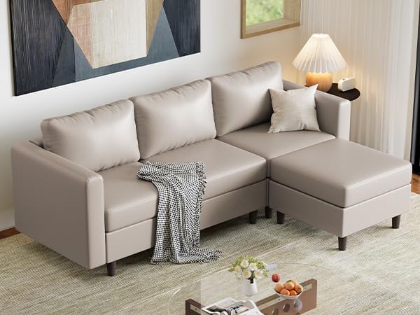 ABCASA Faux Leather Modular Sectional Sofa, 91.5" L Shaped Couch Set for Living Room, 3-Seater Comfy Cloud Couches with Movable Storage Ottoman,DIY Combination - Whitesand