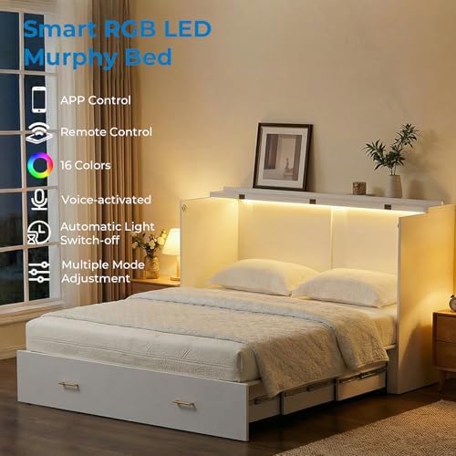 Mjkone Murphy Cabinet Bed No Mattress, Queen Size White