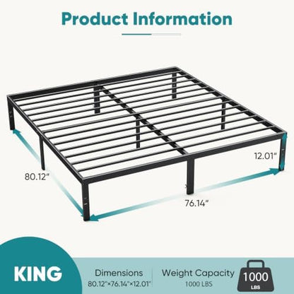 OLIXIS King Size Bed Frame 12 Inch with Sturdy Metal Slats Support, 1000LBS
