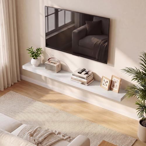 60 Inch Fireplace Mantel Set of 2, Long Floating Shelf for Bedroom|Living Room, Wall Mounted Farmhouse Display with Invisible Heavy Duty Metal Bracket, White