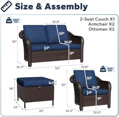 5 Piece Patio Furniture Set, Wicker Outdoor Conversation Set