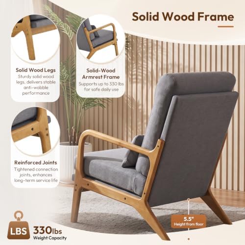 Bonnlo High Back Linen Dark Grey Mid Century Modern Accent Chair, Soild Wood Padding Lounge Armchairs Side Sitting Chairs for Living Room, Bedroom, Guest Room