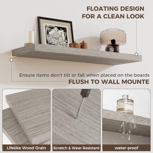 Deep Floating Shelves, 36" W x 12" D Wood Floating Shelves for Wall, 3 Pack Extra Deeper & Thicker Wall Mounted Storage Shelf for Living Room Laundry Room Kitchen Home Office, Grey