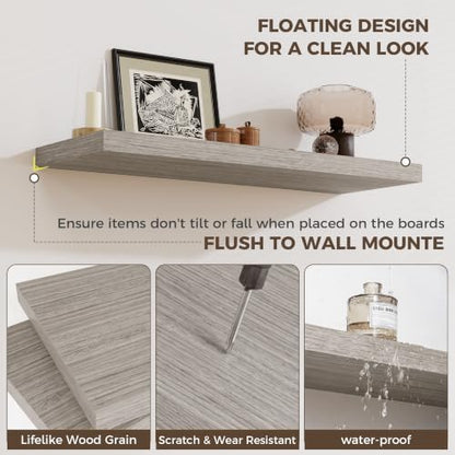 Deep Floating Shelves, 36" W x 12" D Wood Floating Shelves for Wall, 3 Pack Extra Deeper & Thicker Wall Mounted Storage Shelf for Living Room Laundry Room Kitchen Home Office, Grey