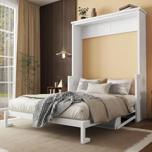 MERITLINE Queen Murphy Bed with Desk, Solid Wood Vertical Murphy Wall Bed Cabinet with Storage Shelves Space-Saving Hidden Bedframe (White,Queen)