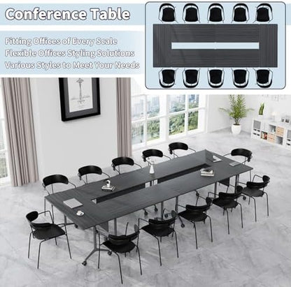 Folding Conference Table, Conference Room Tables with Wheels Foldable Large Rectangle Meeting Seminar Table for 6-12 People, Flip Top Mobile Training Table for Office Classr (6, Black, 55.1in)