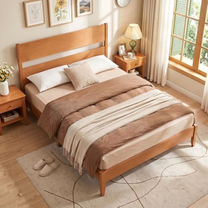 GIANTEX Queen Size Wooden Bed Frame with Slatted Headboard (Warm Brown)