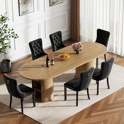 Oval Extendable Dining Table Set for 6, 7-Piece Extendable Kitchen Table Set with 6 Black Upholstered Chairs, Modern 63"-94" Expandable Dining Room Table Set with Storage Fluted Base for Kitchen