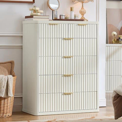 LEYAOYAO Fluted 6 Drawers Dresser for Bedroom, 42" Tall Modern Chest of Drawers with Metal Handle, Curved Profile Design,White Wood Drawer Organizer for Bedroom, Living Room, Hallway, Entryway
