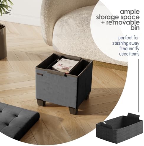 Storage Ottoman Cube with Small Bin, 15-in Square Ottoman with Storage for Living Room and Bedroom, Small Ottomans Foot Rest, Velvet Foot Stools Ottomans Max 330lbs, Grey