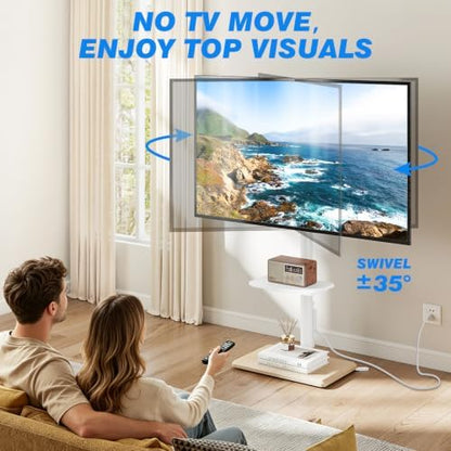 Rfiver Floor TV Stand with Power Outlet for 32-65 inch TVs up to 88 lbs, Swivel TV Mount Stand with Height Adjustment and Oak Wood Base for Bedroom, Office, Corner, Max VESA 400x400mm