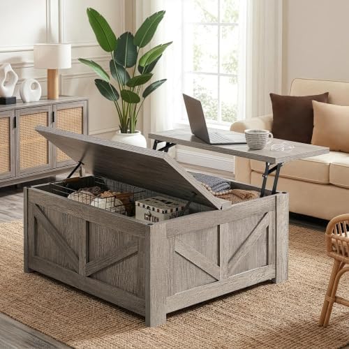 Yaheetech 31.5" Farmhouse Lift Top Coffee Table with Hidden Storage, Gray