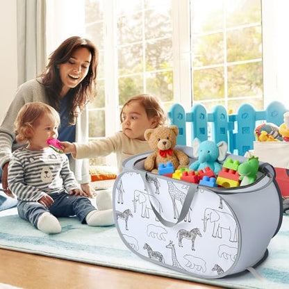 Foldable Toy Storage Basket with Zipper Lid & Handles- Animal Print, Gray