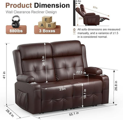Loveseat Recliner, Massage Reclining Loveseat with USB Port, Storage, Cup Holders, Manual Reclining Sofa Without Console, Wall Hugger Space-Saving Recliner Couch for Living Room, RV, Apartment