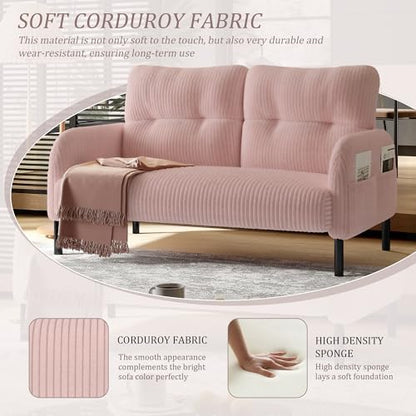 47" Corduroy Loveseat Sofa, 2 Seater Couch with Side Pockets, Pink