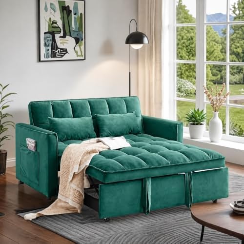 Sleeper Sofa Bed with Adjustable Backrest & Side Pockets, Green