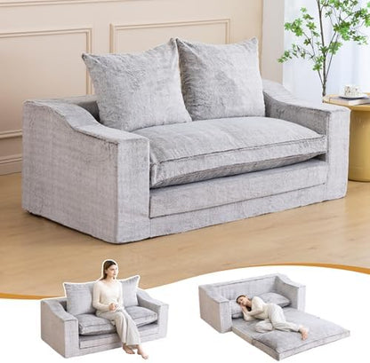 61" Boneless Loveseat Sleeper, Folding Sofa Bed, Faux Fur Cover, Dove Grey