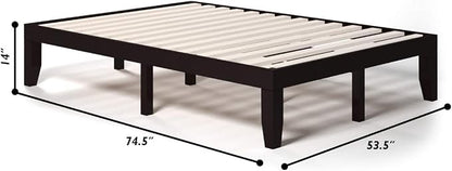 KOMFOTT 14 Inches Wood Platform Bed Frame Full Size, Wooden Mattress Foundation with Rubber Wood Frame, Strong Wooden Slat Support, No Box Spring Needed, Bed Frame (Dark Brown)