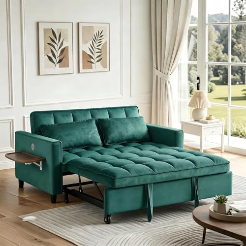 4 in 1 Convertible Sofa Bed, Pull Out Couch with Adjustable Backrest, Loveseat Sleeper Sofa Bed with USB Ports and Side Table, Couch Beds for Living Room, Bedroom, Apartment, Green