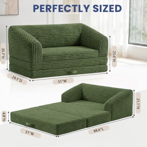 Convertible Sofa Bed, 2 in 1 Trifolding Boneless Couch Bed Green