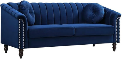 Sectional Sofa Set, Microfiber Chesterfield Upholstered Sofas Loveseat Couch Chair Sets with Style Button Tufted, Scroll Arms and Nailhead for Living Room, Office, Apartment, Blue,S
