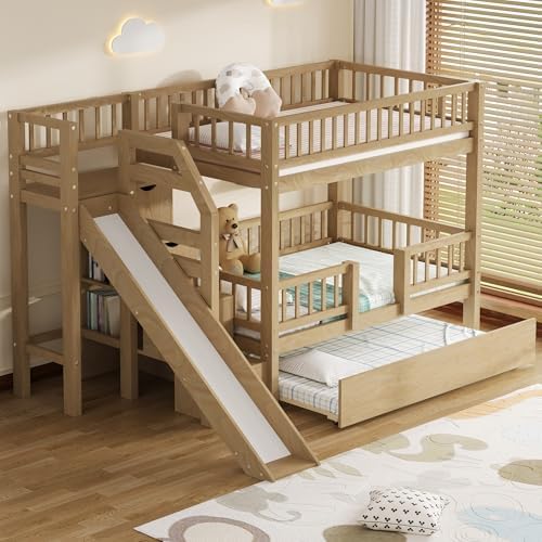 Twin Over Twin Bunk Bed with Storage Staircase, Slide and Trundle,for Kids Teens Adults Bedroom Use (Walnut-ST, Twin Over Twin)
