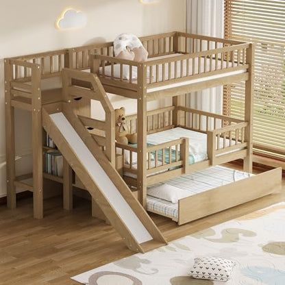Twin Over Twin Bunk Bed with Storage Staircase, Slide and Trundle,for Kids Teens Adults Bedroom Use (Walnut-ST, Twin Over Twin)