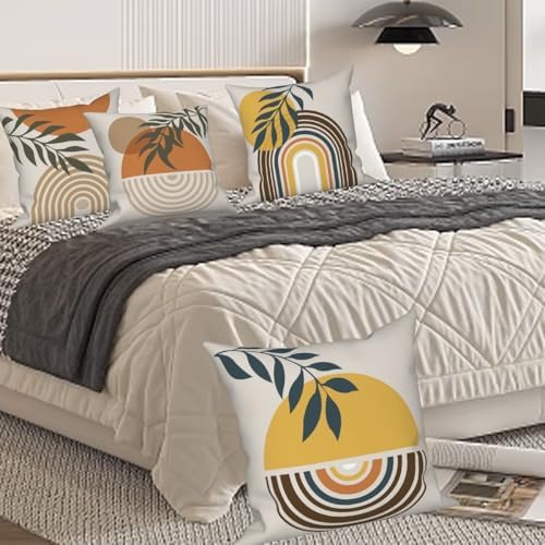 Abstract Geometric Boho Throw Pillow Covers 16"x16" Set of 4, Morden Minimalist Art Aesthetic Leaves Boho Pillowcase for Sofa Chair Couch Bed Living Room Office Garden Patio Farmhouse