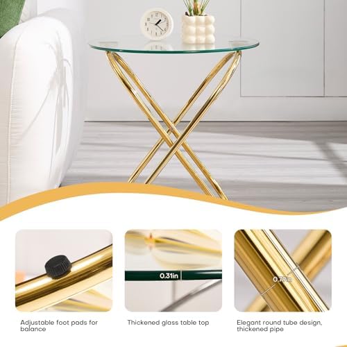 19.7" Round Glass Side Table with Metal Frame, Gold